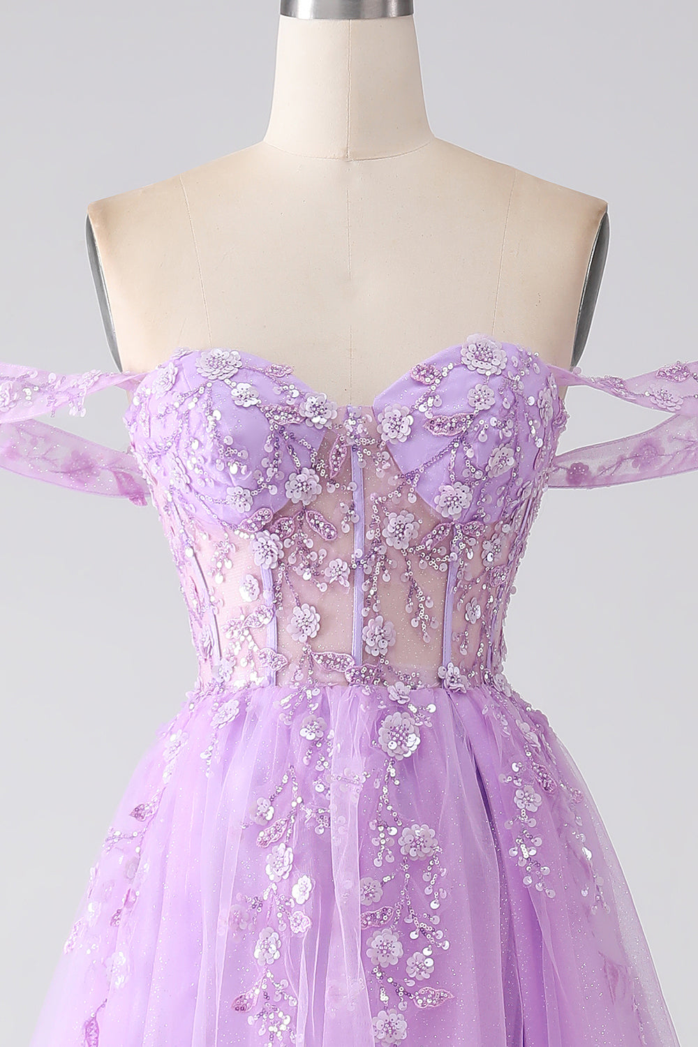 Lilac A-Line Off The Shoulder Beaded Corset Ball Dress