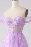 Lilac A-Line Off The Shoulder Beaded Corset Ball Dress
