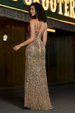Sparkly Mermaid Golden Long Fringed Ball Dress with Slit