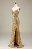 Sparkly Mermaid Golden Long Ball Dress with Slit