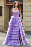Tulle A-Line Purple Tiered Long Ball Dress with Slit