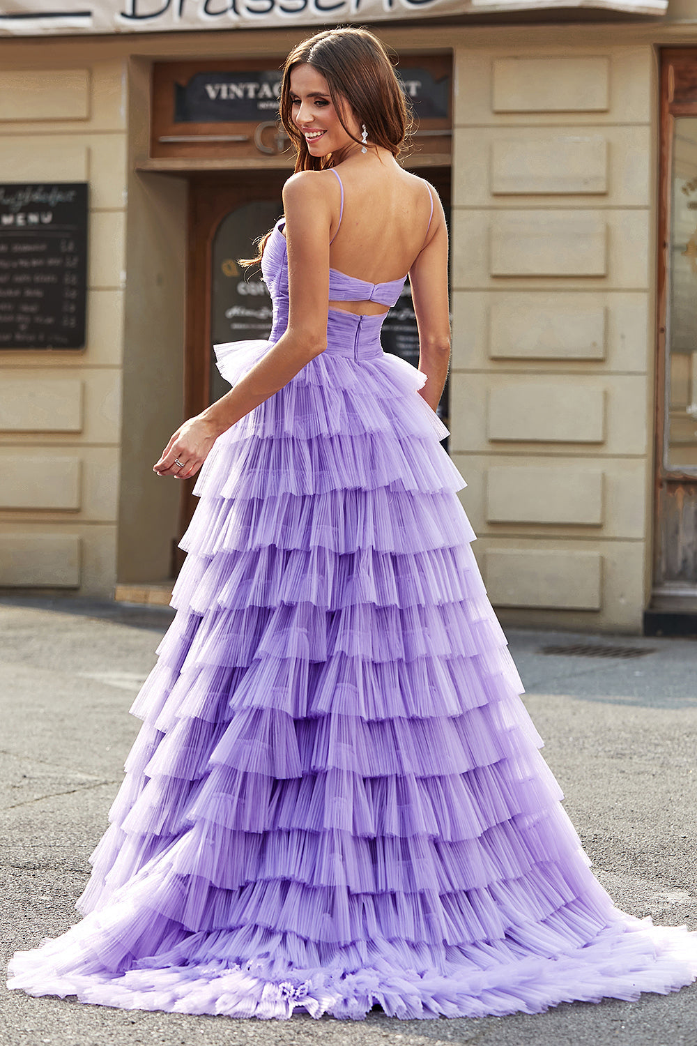 Tulle A-Line Purple Tiered Long Ball Dress with Slit