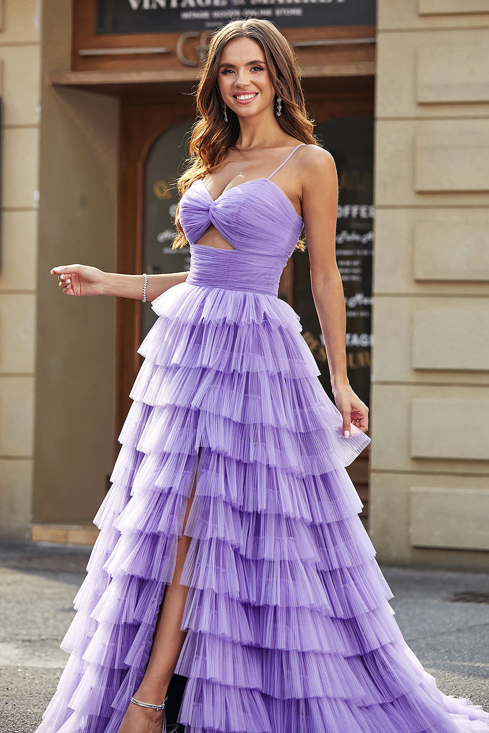 Tulle A-Line Purple Tiered Long Ball Dress with Slit