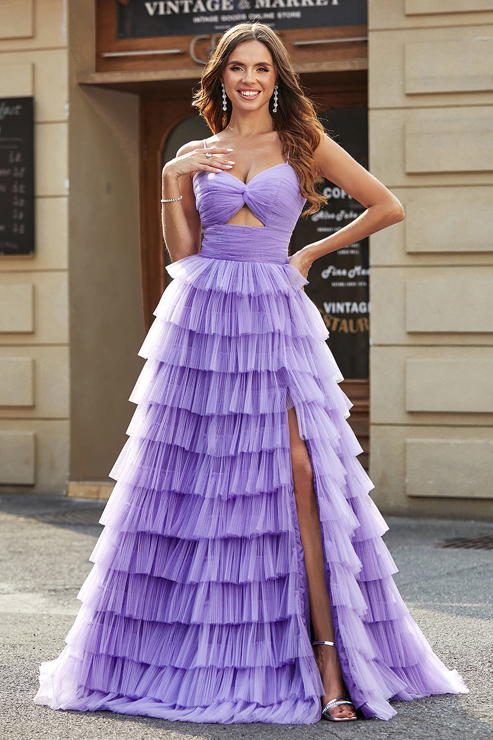 Tulle A-Line Purple Tiered Long Ball Dress with Slit
