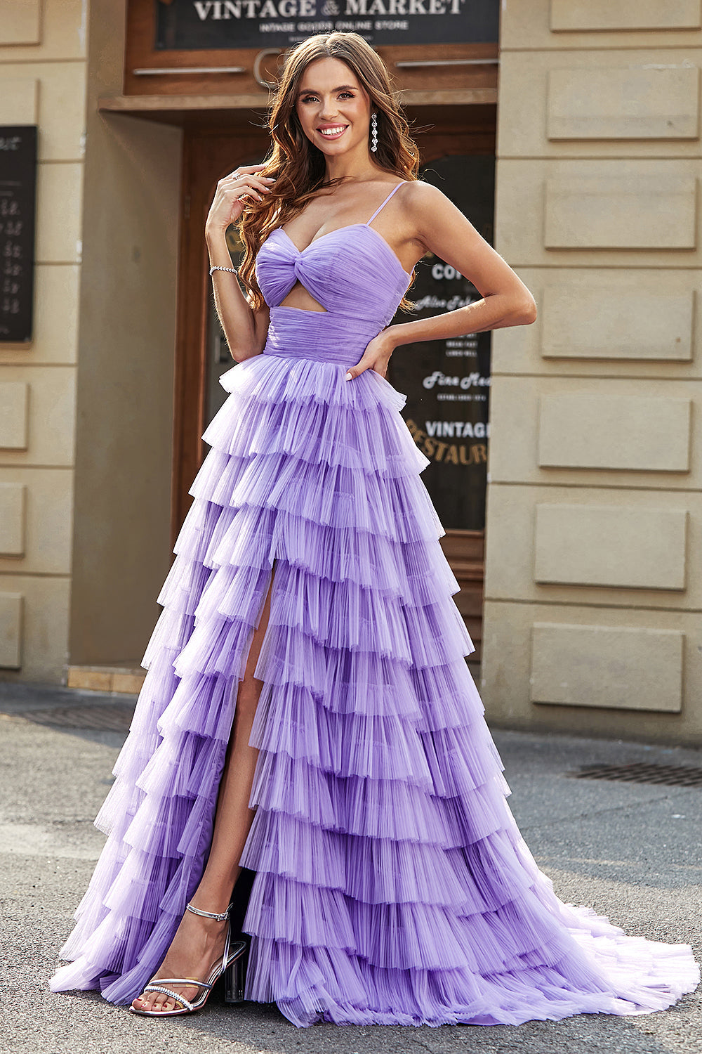 Tulle A-Line Purple Tiered Long Ball Dress with Slit