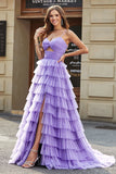 Tulle A-Line Purple Tiered Long Ball Dress with Slit