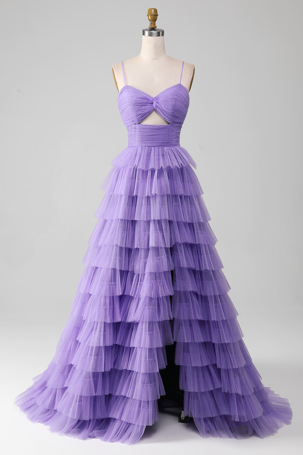 Purple Tulle A-Line Tiered Long Ball Dress with Slit