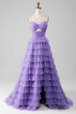 Purple Tulle A-Line Tiered Long Ball Dress with Slit