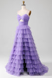 Purple Tulle A-Line Tiered Long Ball Dress with Slit