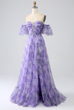 Lavender A Line Off the Shoulder Printed Ball Dress with Removable Sleeves