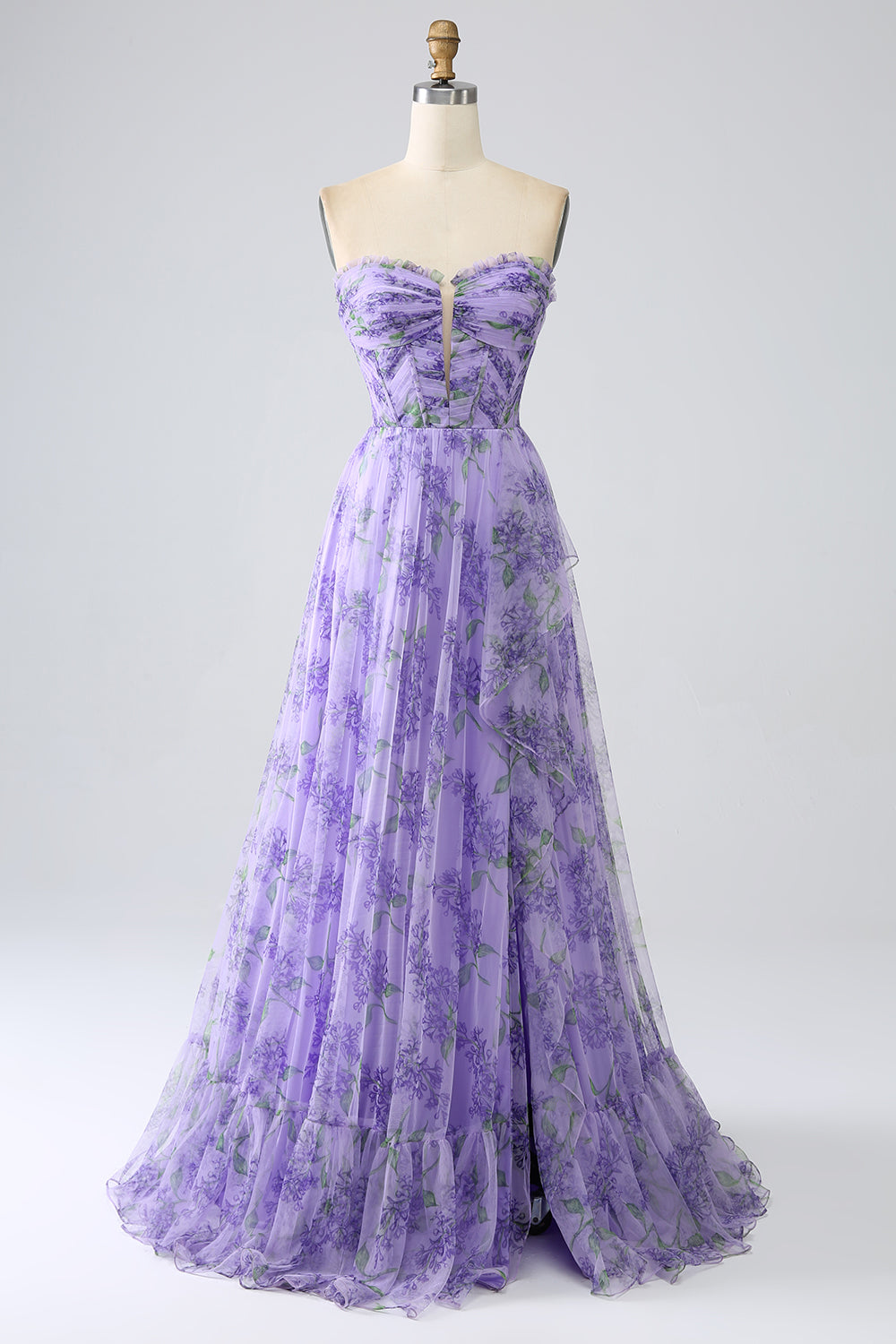Lavender A Line Off the Shoulder Printed Ball Dress with Removable Sleeves
