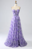 Lavender A Line Off the Shoulder Printed Ball Dress with Removable Sleeves