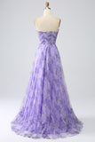 Lavender A Line Off the Shoulder Printed Ball Dress with Removable Sleeves