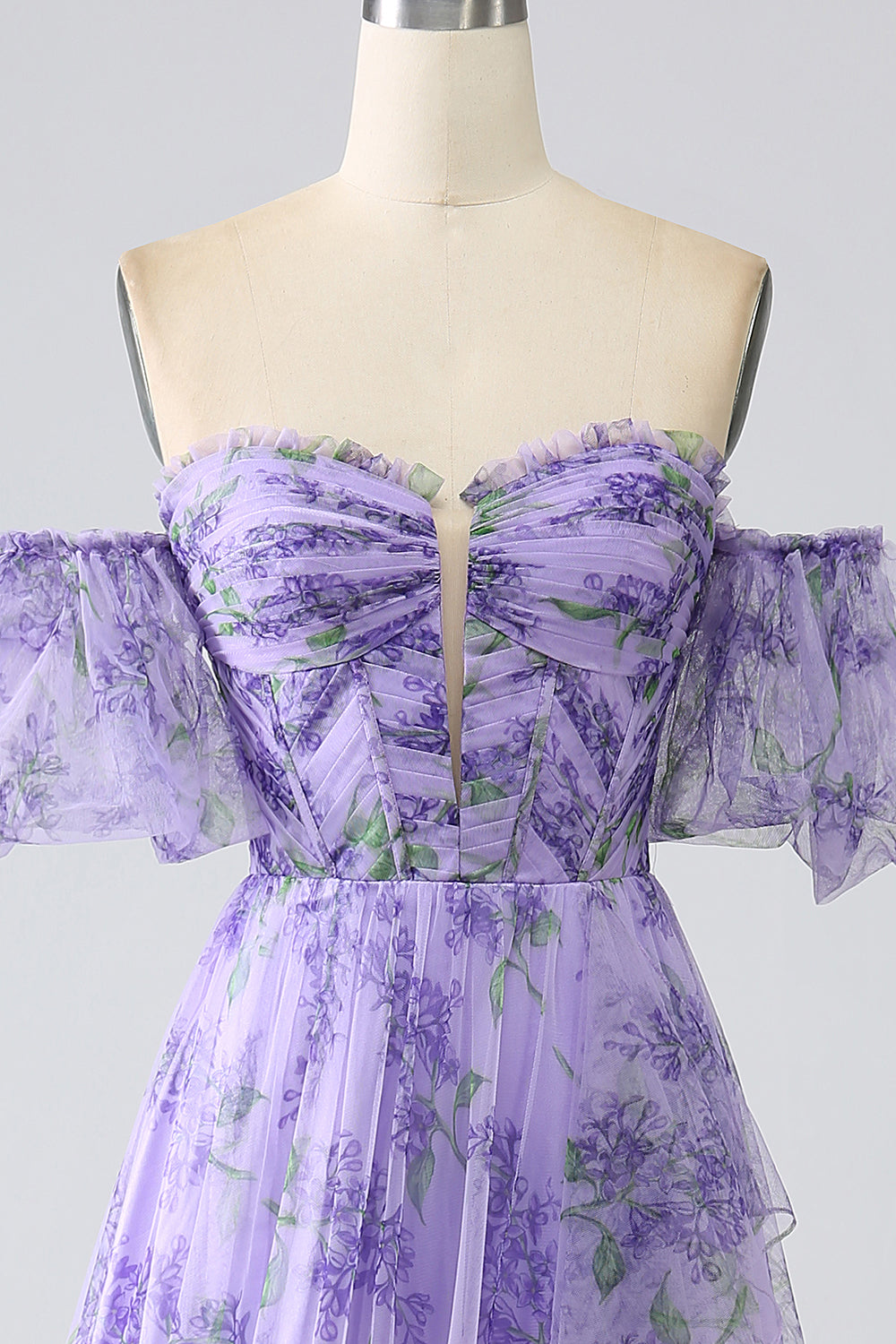 Lavender A Line Off the Shoulder Printed Ball Dress with Removable Sleeves
