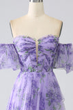 Lavender A Line Off the Shoulder Printed Ball Dress with Removable Sleeves