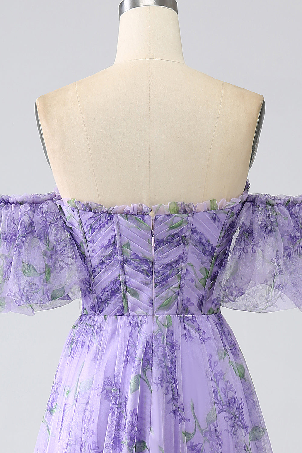 Lavender A Line Off the Shoulder Printed Ball Dress with Removable Sleeves
