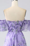 Lavender A Line Off the Shoulder Printed Ball Dress with Removable Sleeves