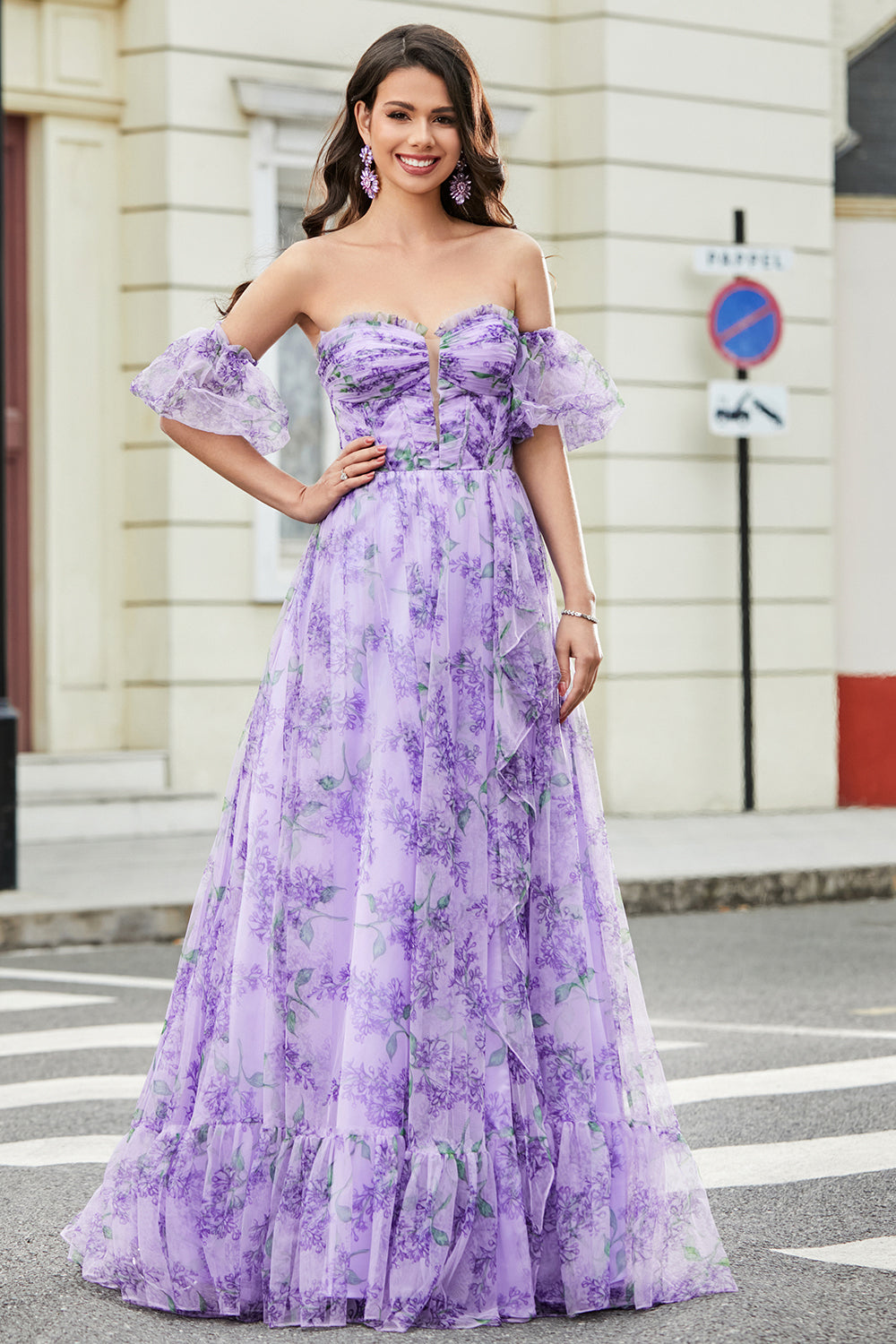 Laveender Printed A Line Ball Dress with Removable Sleeves