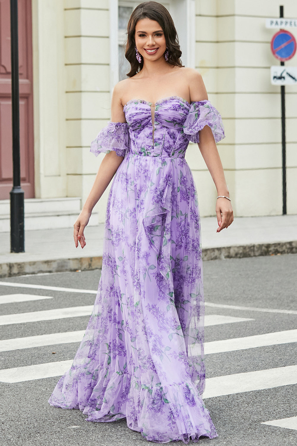 Laveender Printed A Line Ball Dress with Removable Sleeves