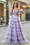 Gorgeous A Line Off the Shoulder Lavender Printed Long Ball Dress with Ruffles