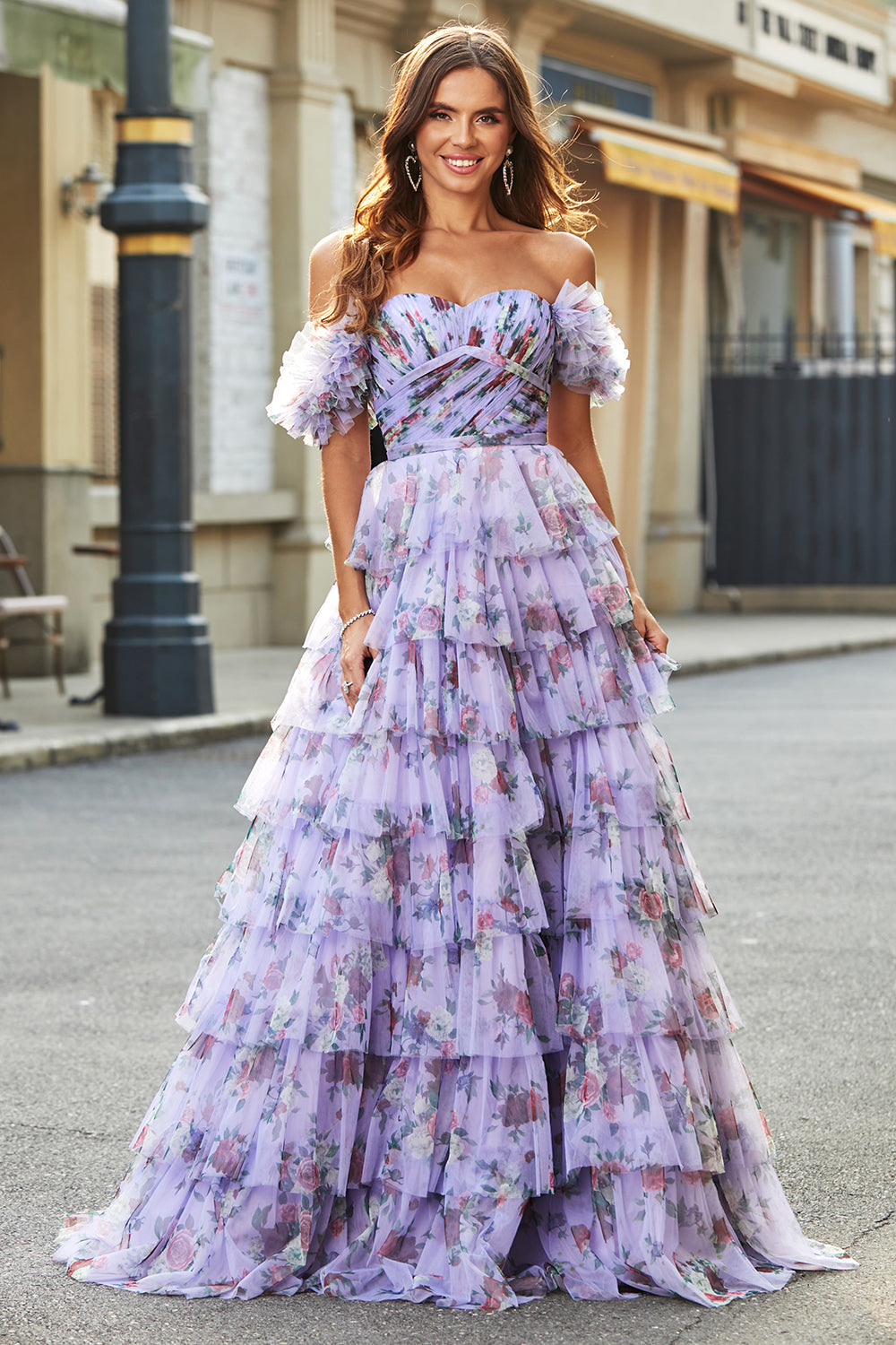 Gorgeous A Line Off the Shoulder Lavender Printed Long Ball Dress with Ruffles