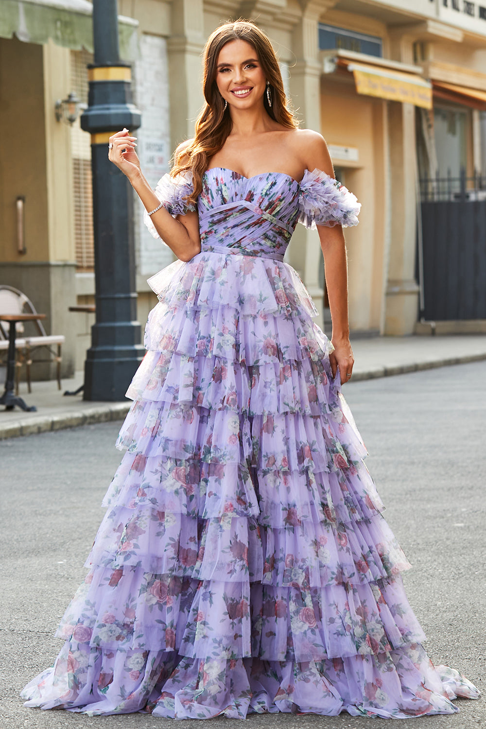 Gorgeous A Line Off the Shoulder Lavender Printed Long Ball Dress with Ruffles