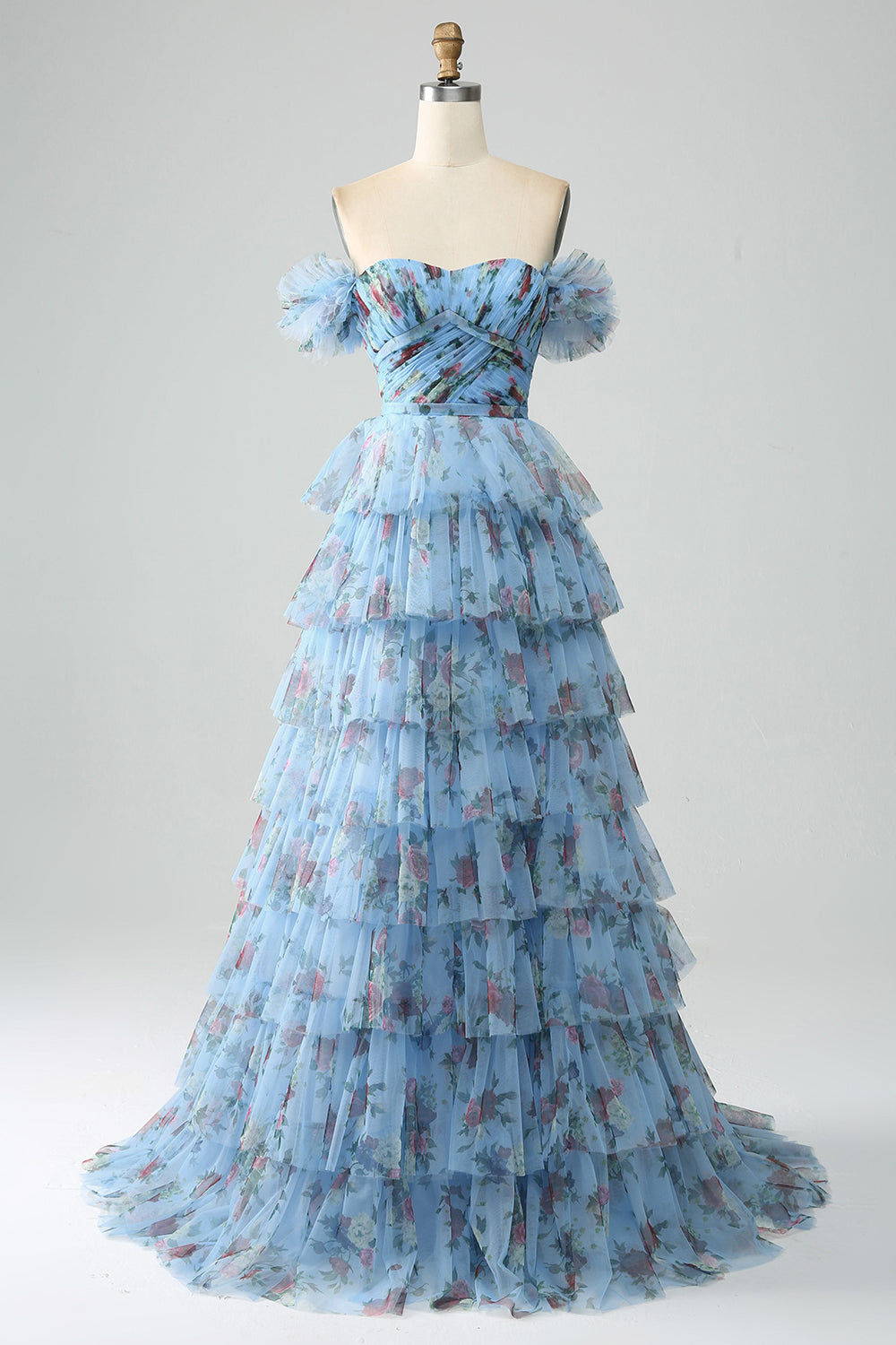 Off the Shoulder Floral Printed Tiered Ball Dress with Pleated