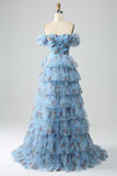 Off the Shoulder Floral Printed Tiered Ball Dress with Pleated