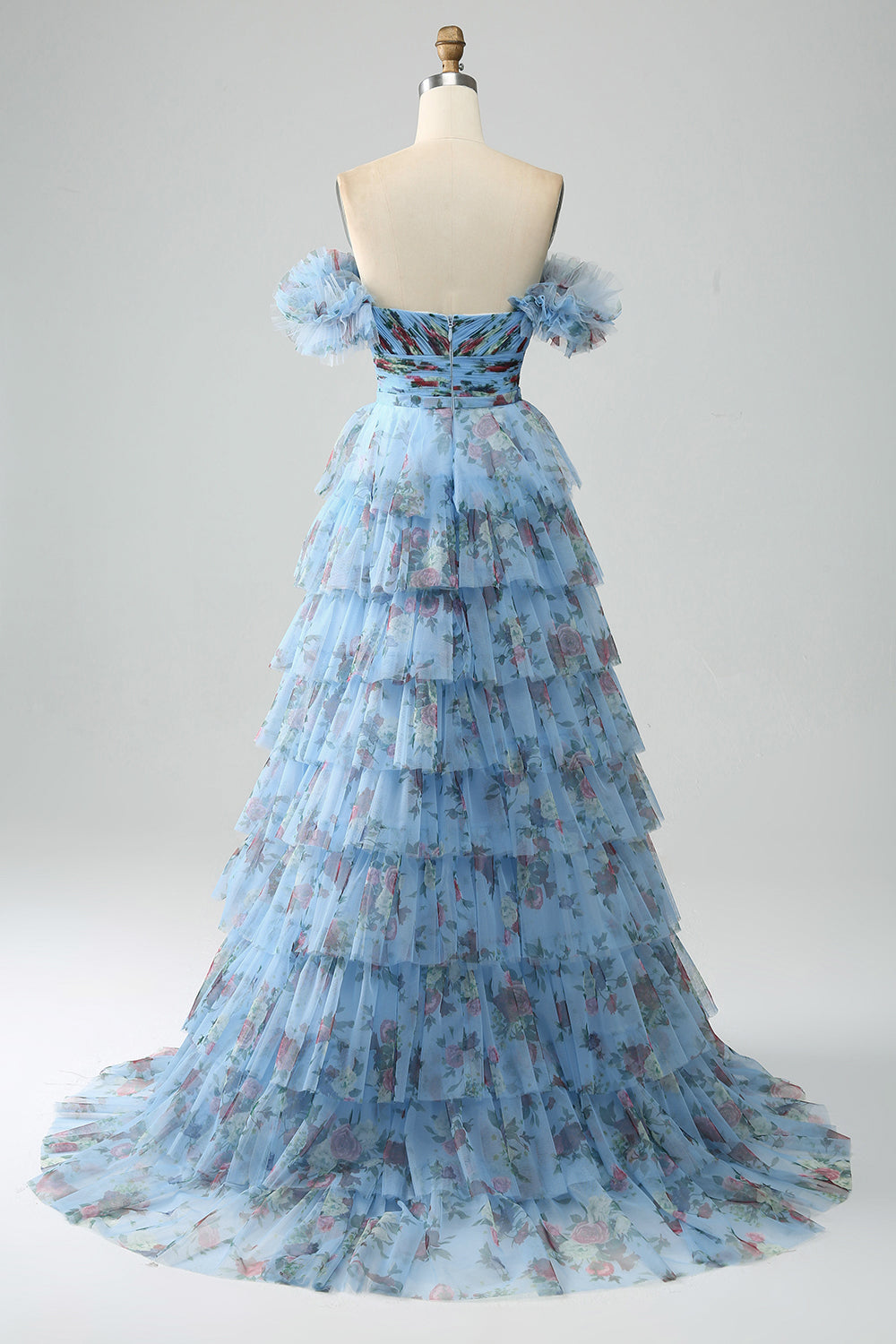 Off the Shoulder Floral Printed Tiered Ball Dress with Pleated