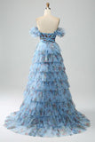 Off the Shoulder Floral Printed Tiered Ball Dress with Pleated