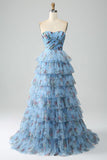 Off the Shoulder Floral Printed Tiered Ball Dress with Pleated
