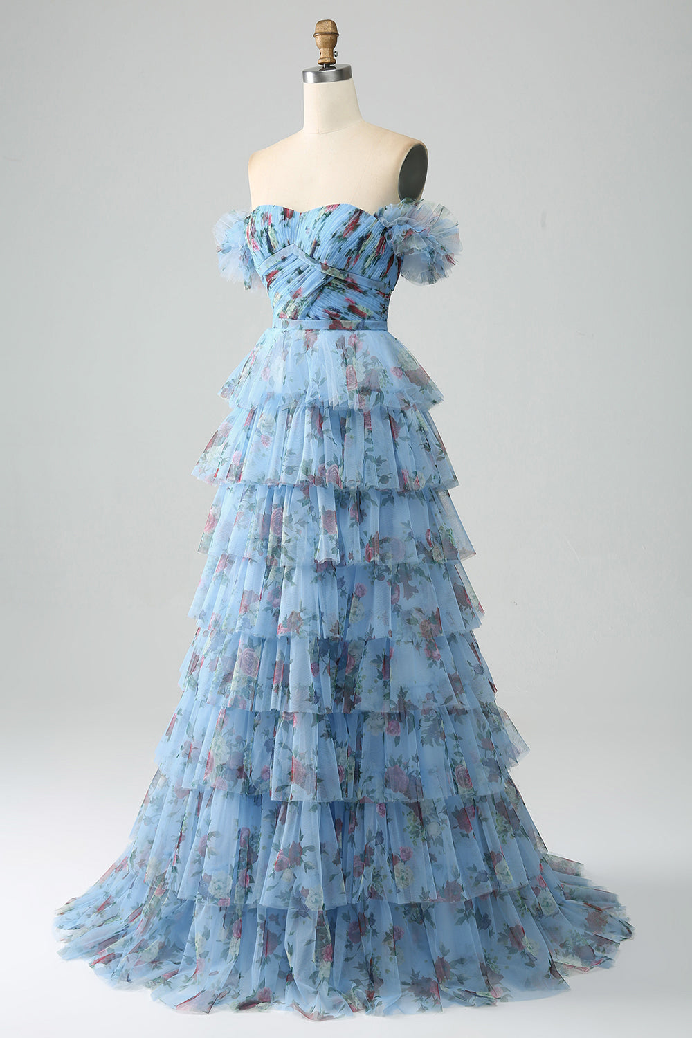 Gorgeous A Line Off the Shoulder Lavender Printed Long Ball Dress with Ruffles