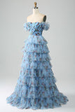Gorgeous A Line Off the Shoulder Lavender Printed Long Ball Dress with Ruffles