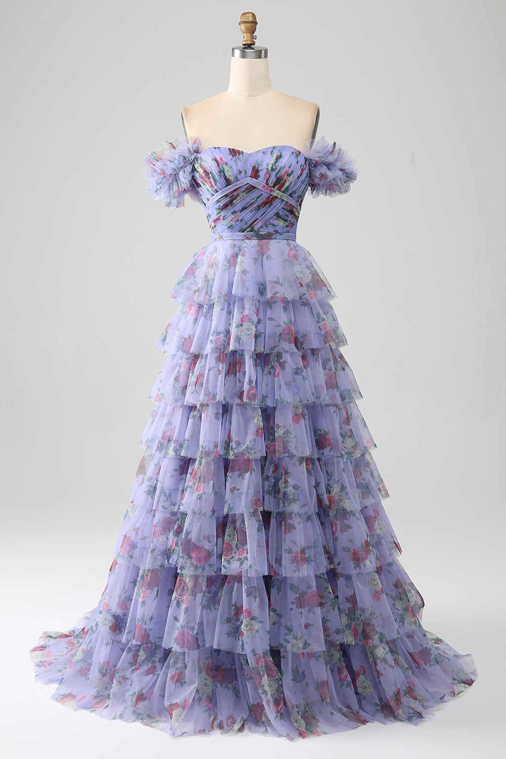Off the Shoulder Floral Printed Tiered Ball Dress with Pleated