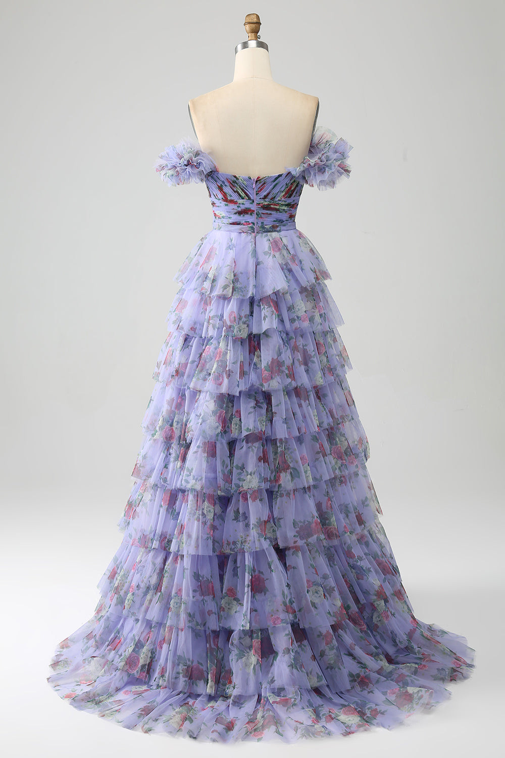 Off the Shoulder Floral Printed Tiered Ball Dress with Pleated