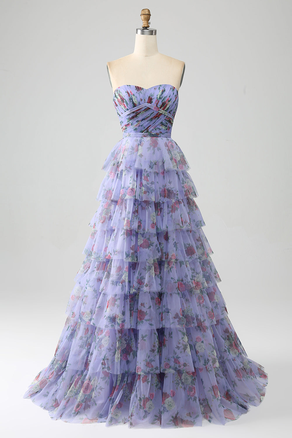 Off the Shoulder Floral Printed Tiered Ball Dress with Pleated