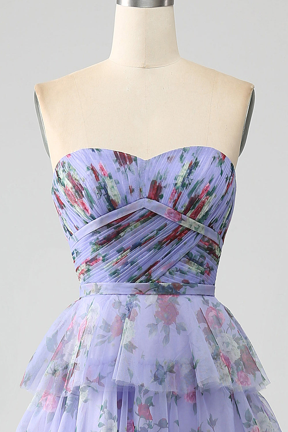Off the Shoulder Floral Printed Tiered Ball Dress with Pleated
