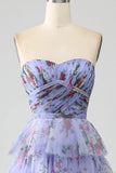 Off the Shoulder Floral Printed Tiered Ball Dress with Pleated