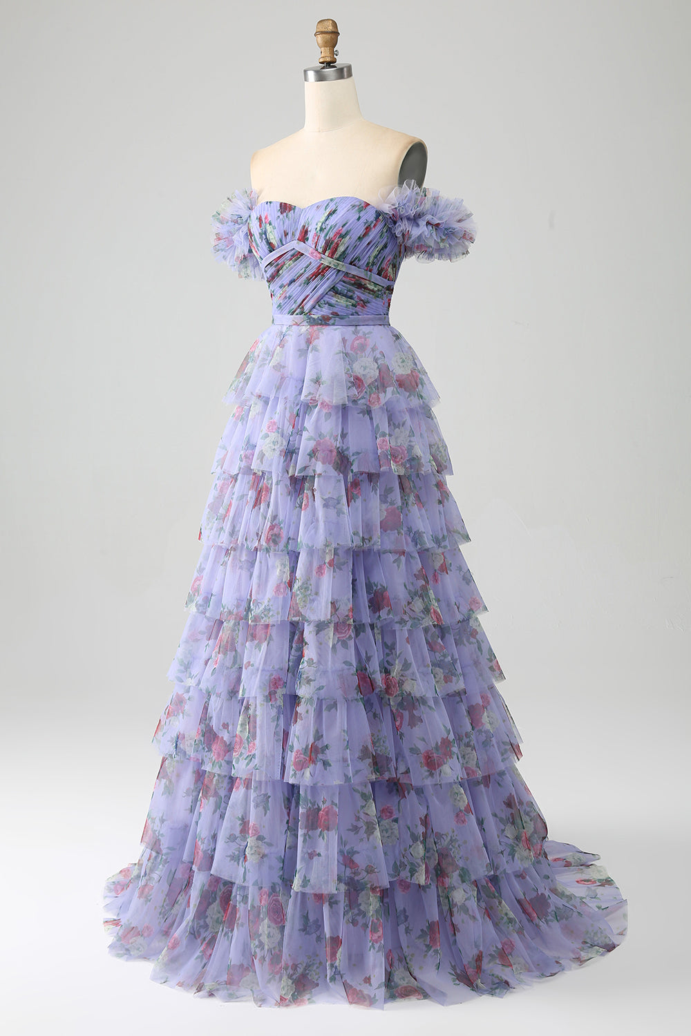 Off the Shoulder Floral Printed Tiered Ball Dress with Pleated