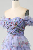 Off the Shoulder Floral Printed Tiered Ball Dress with Pleated
