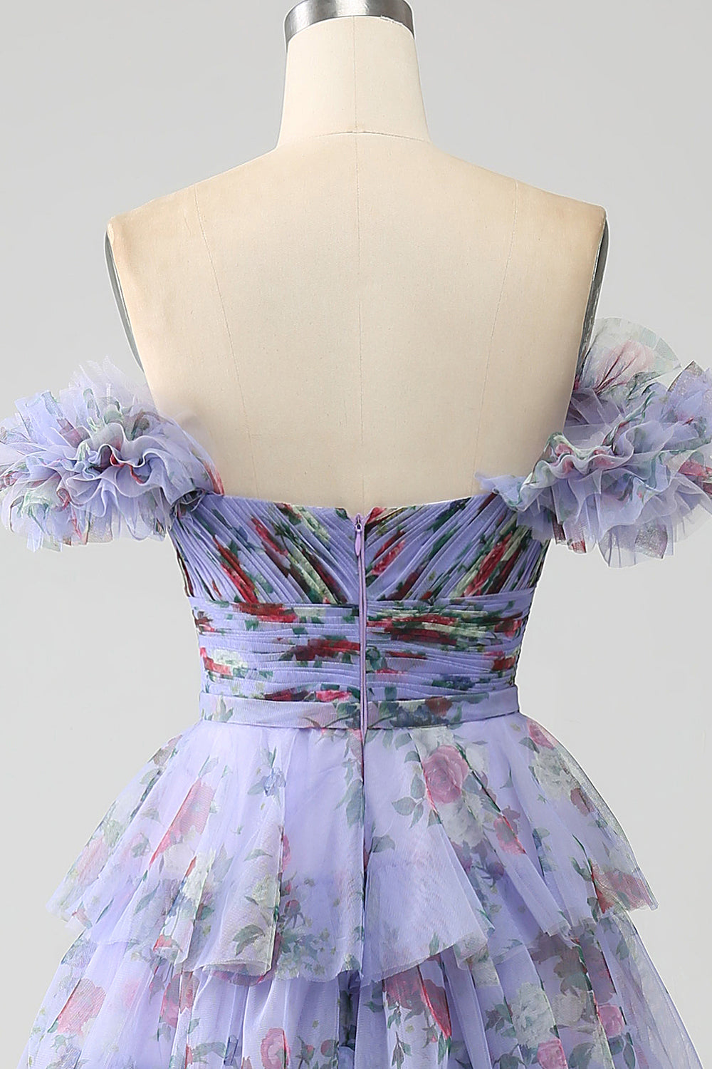 Off the Shoulder Floral Printed Tiered Ball Dress with Pleated