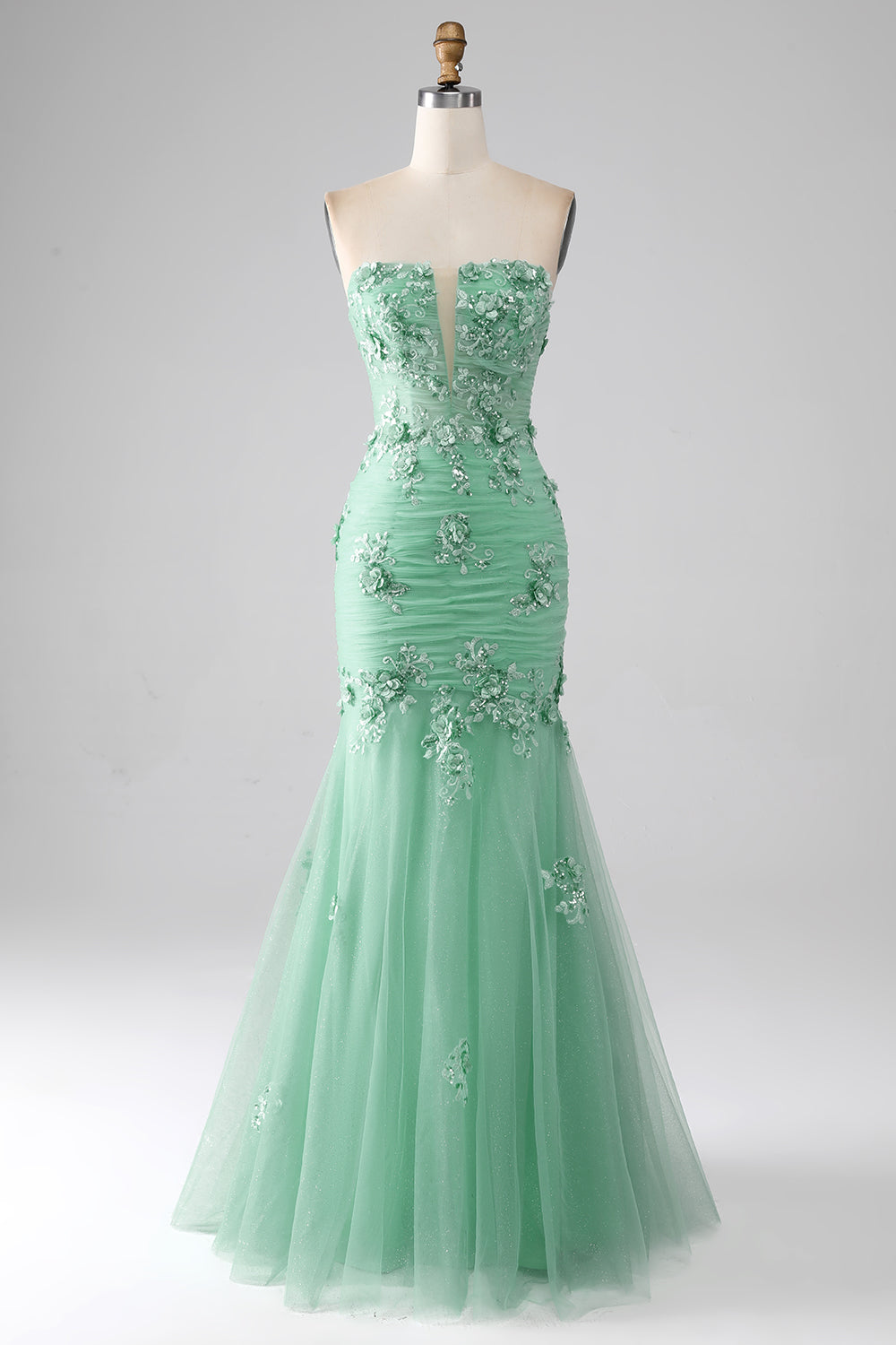 Green Mermaid Strapless Tulle Long Ball Dress with Appliques
