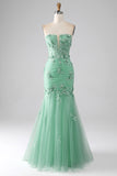 Green Mermaid Strapless Tulle Long Ball Dress with Appliques