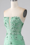 Green Mermaid Strapless Tulle Long Ball Dress with Appliques