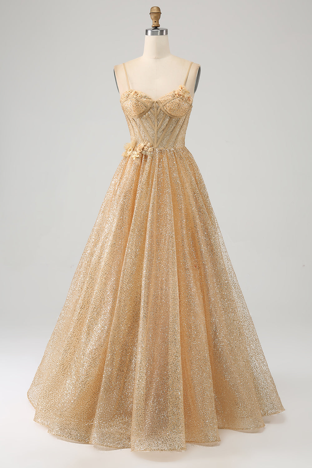 Glitter Golden A-Line Spaghetti Straps Corset Long Ball Dress with Flowers