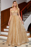 Golden Glitter A-Line Spaghetti Straps Corset Long Ball Dress with Flowers