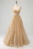 Glitter Golden A-Line Spaghetti Straps Corset Long Ball Dress with Flowers
