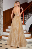 Golden Glitter A-Line Spaghetti Straps Corset Long Ball Dress with Flowers
