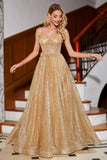 Golden Glitter A-Line Spaghetti Straps Corset Long Ball Dress with Flowers