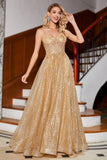 Golden Glitter A-Line Spaghetti Straps Corset Long Ball Dress with Flowers